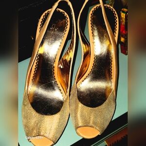 Bebe Elegant Gold Peep-Toe Slingback Heels Size 6.5